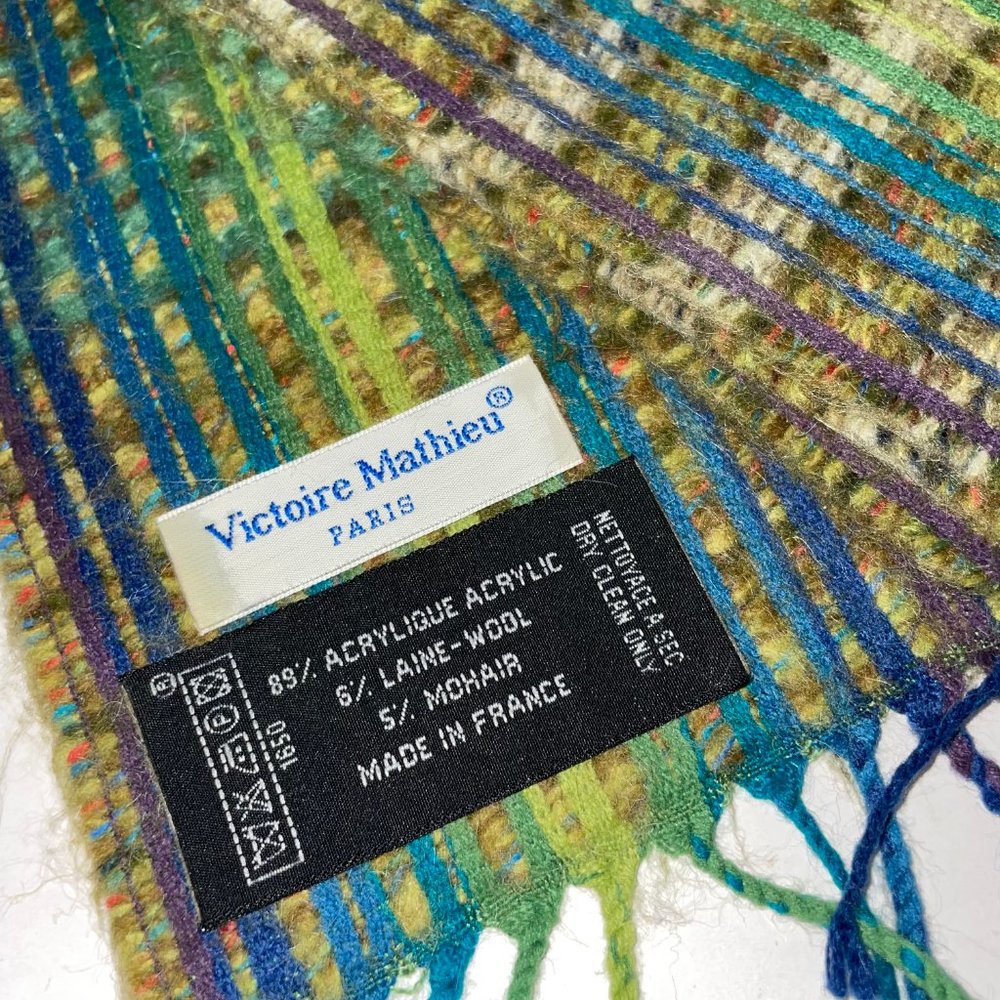 Vintage Victoire Mathieu Paris Woven Wool Blend Scarf Multicolor Fringe - Picture 10 of 10